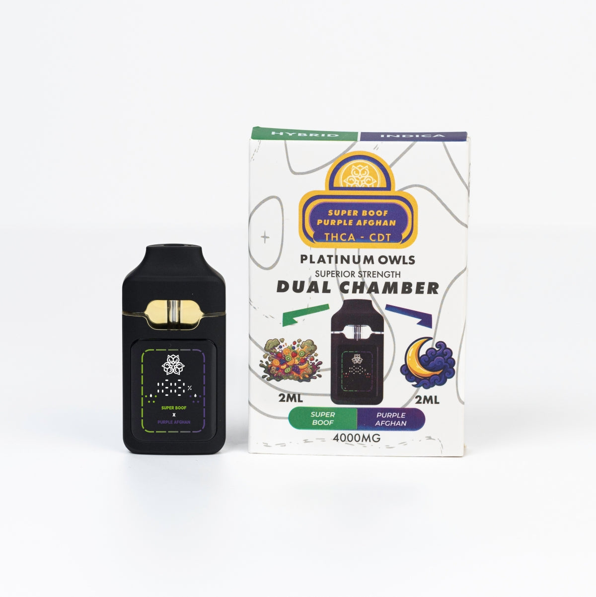 Platinum Owls Dual Chamber 4ml Vape – Super Boof & Purple Afghan - 10 Count